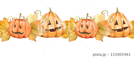 Hand-drawn seamless border of cheerful jack-o'-lanterns and autumn leaves. Perfect for Halloween designs, frames, or dividers. Hand-drawn seamless border of cheerful jack-o'-lanterns and autumn leaves. Perfect for Halloween designs, frames, or dividers. 131005461