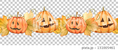 Hand-drawn seamless border of cheerful jack-o'-lanterns and autumn leaves. Perfect for Halloween designs, frames, or dividers. Hand-drawn seamless border of cheerful jack-o'-lanterns and autumn leaves. Perfect for Halloween designs, frames, or dividers. 131005461
