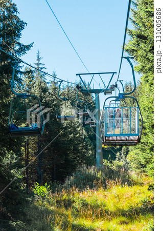 Chair Lift above the mountains and green forest of Bulgaria. Eco tourism. Tourist attraction. Seven Rila lakes. Cable car in the Rila Mountains Chair Lift above the mountains and green forest of Bulgaria. Eco tourism. Tourist attraction. Seven Rila lakes. Cable car in the Rila Mountains 131005686