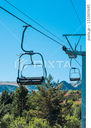 Chair Lift above the mountains and green forest of Bulgaria. Eco tourism. Tourist attraction. Seven Rila lakes. Cable car in the Rila Mountains 131005695