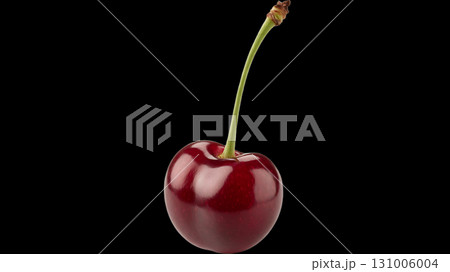 Glossy Red Cherry with a Long Green Stem on Black Background 131006004