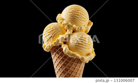 Three Scoops of Yellow Ice Cream on Waffle Cone 131006007