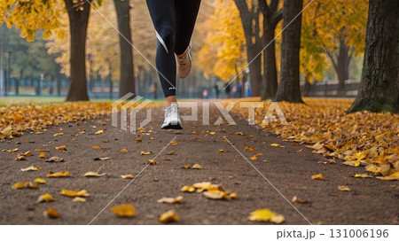 An athlete jogs in an autumn park among colorful leaves. Concept of men's fitness and a healthy lifestyle in nature. 131006196