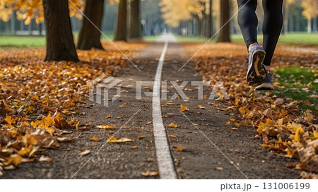 An athlete jogs in an autumn park among colorful leaves. Concept of men's fitness and a healthy lifestyle in nature. 131006199