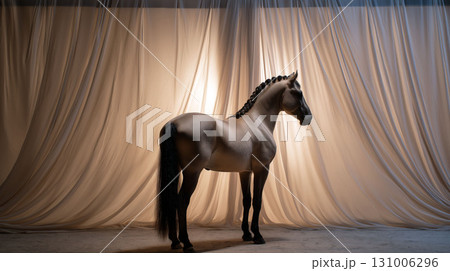Elegant horse with braided mane standing in dramatic studio lighting against flowing fabric backdrop 131006296