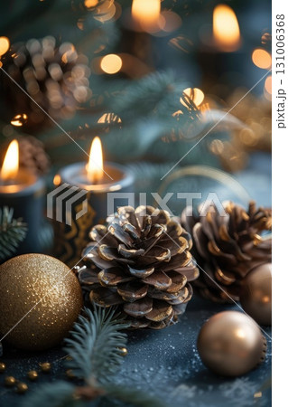 A cozy holiday scene with golden ornaments, pine cones, and candles surrounded by evergreen branches. Soft bokeh lights create a warm Christmas atmosphere, vertical banner A cozy holiday scene with golden ornaments, pine cones, and candles surrounded by evergreen branches. Soft bokeh lights create a warm Christmas atmosphere, vertical banner 131006368