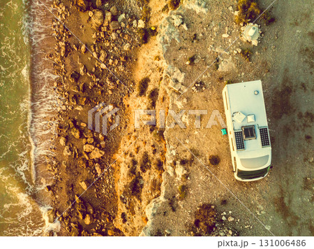 Rv caravan on spanish rocky coast. Aerial view 131006486