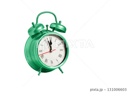 retro clock, pointer clock, green color alarm clock on isolated white background 131006603