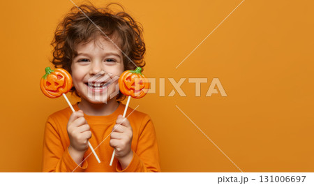 Happy boy holding pumpkin lollipops on an orange background, celebrating Halloween.  131006697