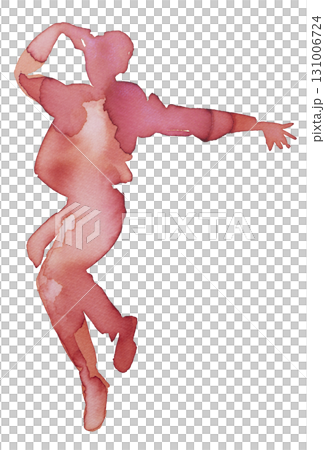 Dynamic leap captured in watercolor and ink showcasing fluid movement in vibrant hues 131006724