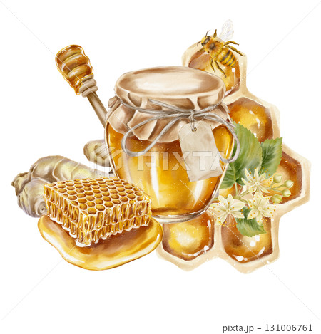 Watercolor illustration jar of golden honey dripping honeycomb ginger root blooming linden flowers bee and stylized honeycomb cells. for health food branding herbal tea cosmetics and Jewish holidays. 131006761