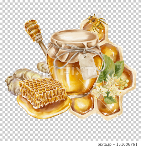 Watercolor illustration jar of golden honey dripping honeycomb ginger root blooming linden flowers bee and stylized honeycomb cells. for health food branding herbal tea cosmetics and Jewish holidays. 131006761