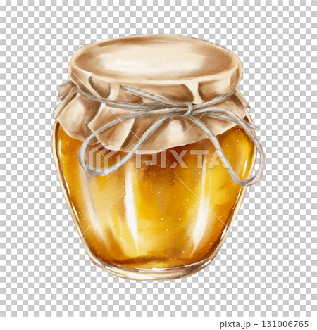 Watercolor illustration glass jar filled with golden honey covered with kraft paper and tied with string in rustic style. for packaging cosmetics food branding herbal product and seasonal promotions. 131006765
