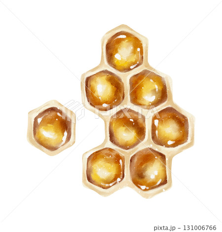 Watercolor illustration of a golden honeycomb with thick dripping honey in realistic style. Ideal for use in packaging labels food design cosmetics tea wellness brands and holiday promotions. 131006766