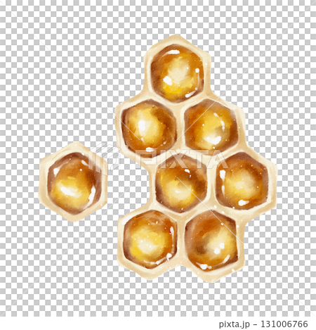 Watercolor illustration of a golden honeycomb with thick dripping honey in realistic style. Ideal for use in packaging labels food design cosmetics tea wellness brands and holiday promotions. 131006766