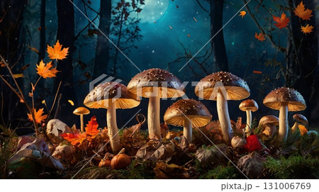 Magical glowing mushrooms in a magical night forest on Halloween. Concept for a magical autumn Halloween banner 131006769