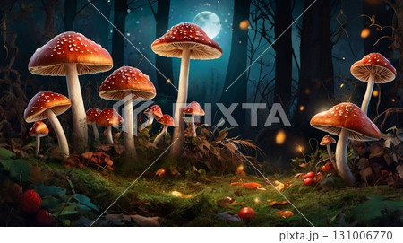 Magical glowing mushrooms in a magical night forest on Halloween. Concept for a magical autumn Halloween banner 131006770