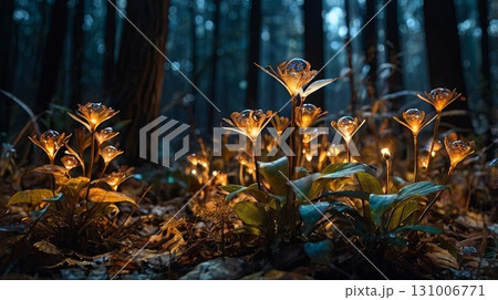 Magical glowing mushrooms in a magical night forest on Halloween. Concept for a magical autumn Halloween banner 131006771