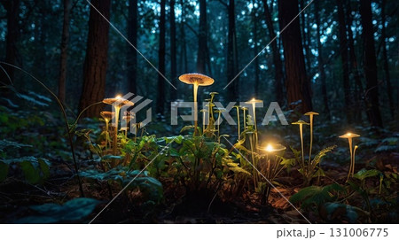 Magical glowing mushrooms in a magical night forest on Halloween. Concept for a magical autumn Halloween banner Magical glowing mushrooms in a magical night forest on Halloween. Concept for a magical autumn Halloween banner 131006775