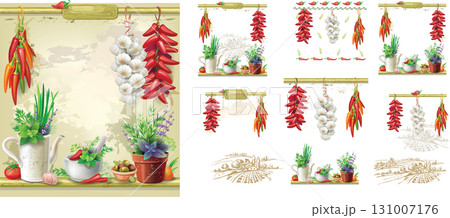 Rustic Kitchen Decor Set with Garlic, Chili Pepper and Herbs 131007176