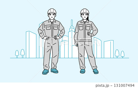 ヘルメットをしている作業員の男女の全身イラスト 131007494