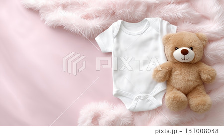 Cute baby onesie and teddy bear on soft pink background with fur 131008038