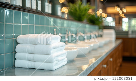Neatly stacked white towels in a stylish spa bathroom setting 131008051
