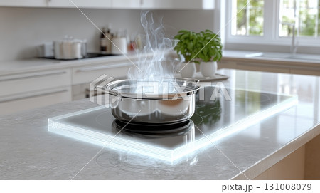Cooking on a modern glass stovetop with steam rising from a pot 131008079
