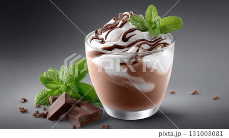 Creamy chocolate dessert topped with mint and drizzled chocolate sauce 131008081