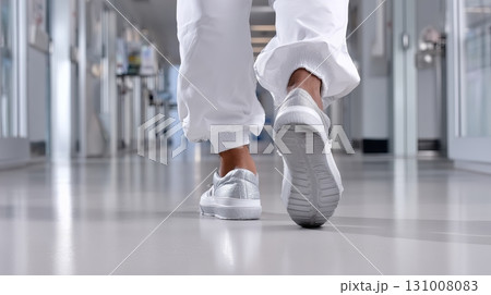 Person walking in shiny sneakers along a modern corridor in daylight 131008083