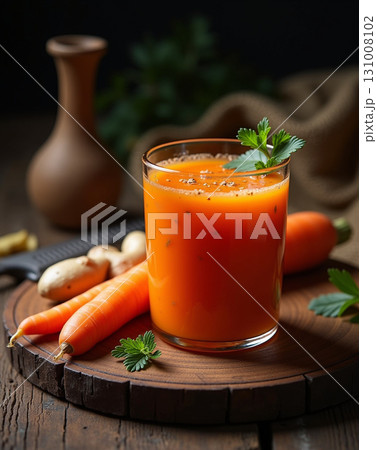 Freshly Squeezed Carrot Juice with Ginger and Parsley Still Life Image 131008102