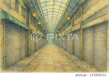 シャッター通り　シャッター商店街　水彩画 131008512