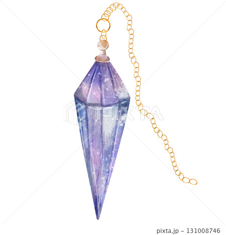 Purple magic crystal on a gold chain. Watercolor illustration of a mineral used in divination and searching. Mystical ritual. Isolated on a white background Purple magic crystal on a gold chain. Watercolor illustration of a mineral used in divination and searching. Mystical ritual. Isolated on a white background 131008746
