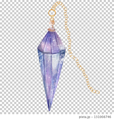 Purple magic crystal on a gold chain. Watercolor illustration of a mineral used in divination and searching. Mystical ritual. Isolated on a white background Purple magic crystal on a gold chain. Watercolor illustration of a mineral used in divination and searching. Mystical ritual. Isolated on a white background 131008746