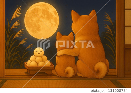 満月の夜、豆柴のおとうさんとこどもが並んで月を見上げる後ろ姿を描いた、秋の情緒あふれる癒しのイラスト 131008784