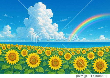 ひまわり畑　青空　入道雲　虹　海　夏イメージ　アニメ調 131008800