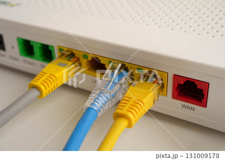 Ethernet cable with wireless router connect to internet service provider network. 131009178