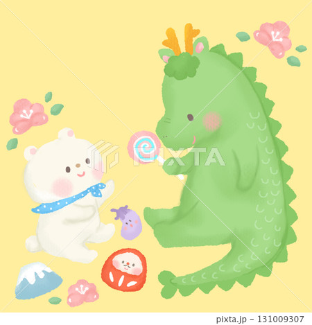年賀状_辰年 かわいい笑顔の龍とくまのイラスト  131009307