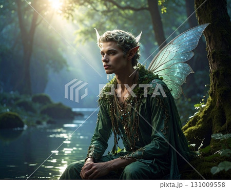 幻想的な森の湖畔に座る男性妖精 131009558