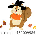 ハロウィン　魔女の帽子をかぶってかぼちゃを食べるリス 131009986