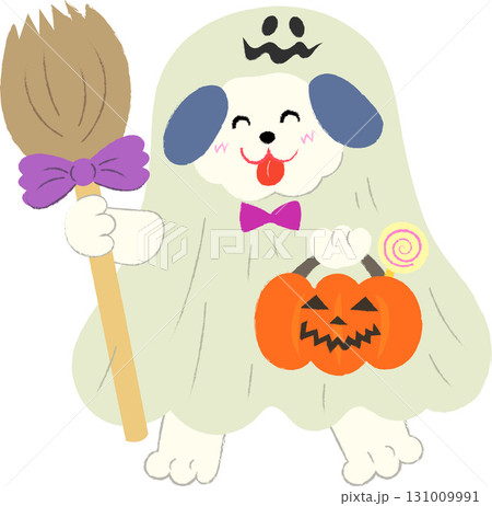 ハロウィン　おばけに仮装してほうきをもつ犬　笑顔　 131009991