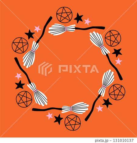 Simple Halloween circle frame. Cute Halloween frame border on orange background. The round vector design with soft colors, perfect for spooky autumn decorations, banners, stickers, ads, sale. 131010137