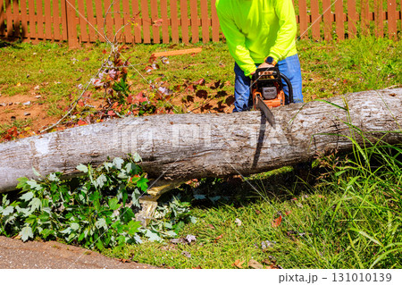 Person cuts fallen tree trunk with chainsaw during daytime in residential area, surrounded by leaves Person cuts fallen tree trunk with chainsaw during daytime in residential area, surrounded by leaves 131010139