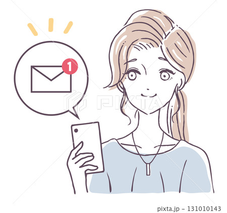 新着メッセージを受信したスマホと嬉しそうな笑顔の若い女性のイラスト素材 131010143