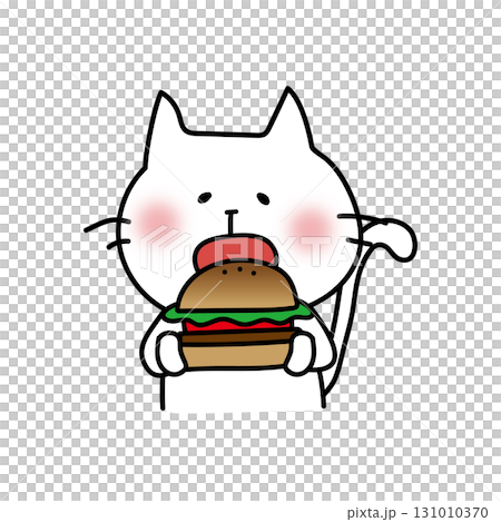 大きなハンバーガーを食べる白い猫 131010370