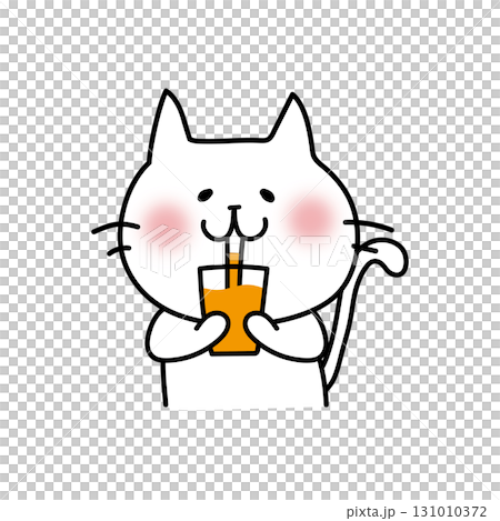 オレンジジュースを飲む白い猫 131010372