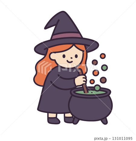 Coloring book page featuring cute witch stirring cauldron with transparency effect 131011095