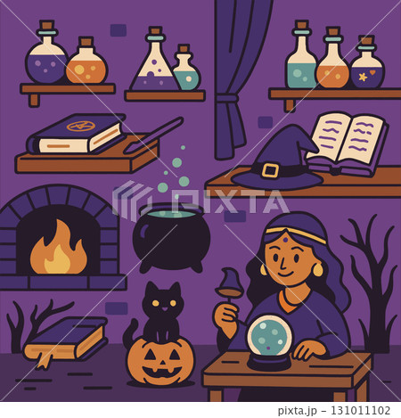 Witch crystal ball potion spell book cauldron black cat pumpkin fireplace magic Witch crystal ball potion spell book cauldron black cat pumpkin fireplace magic 131011102