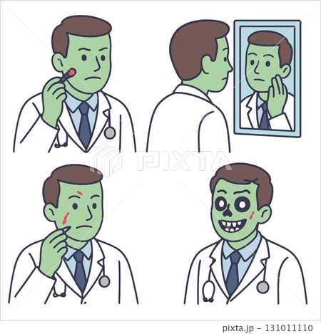 Doctor green skin mirror face cartoon transformation zombie illustration comic emotion 131011110