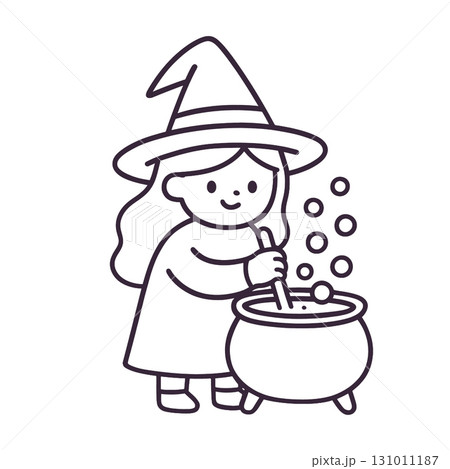Coloring book page featuring witch stirring cauldron with transparency effect 131011187